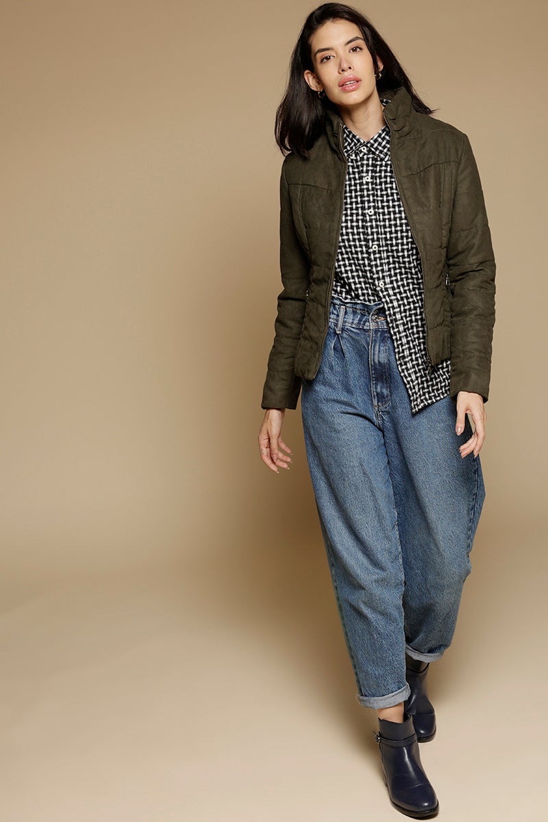 Olive Regular Length Full Sleeves Stand Collar Suede Jacket