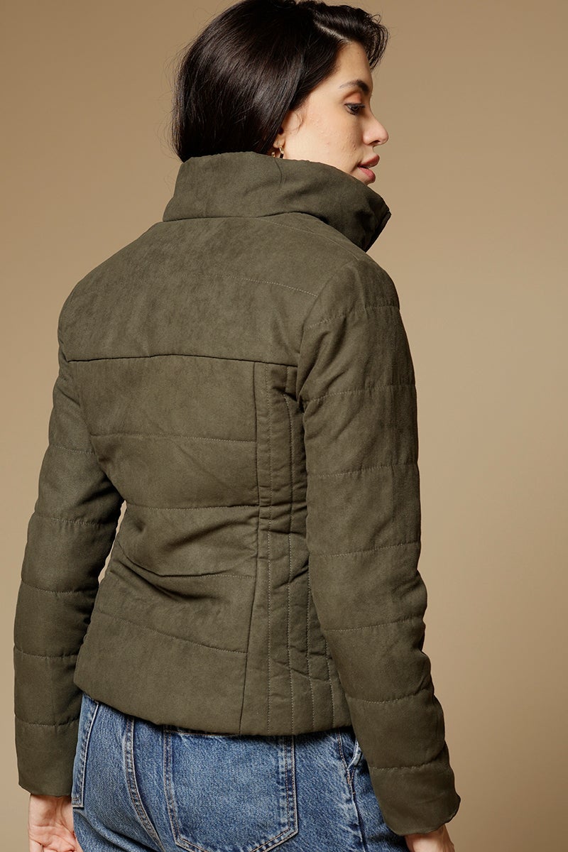 Olive Regular Length Full Sleeves Stand Collar Suede Jacket