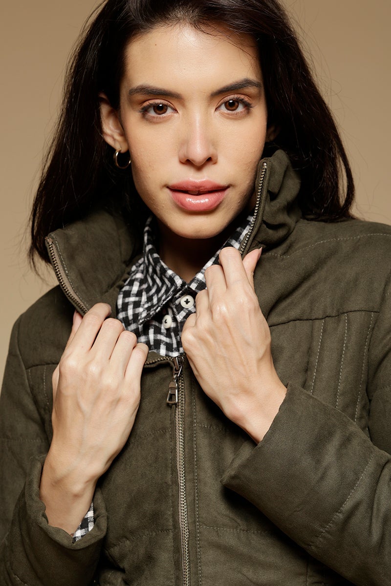 Olive Regular Length Full Sleeves Stand Collar Suede Jacket