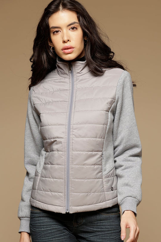 Grey Regular Length Full Sleeves Stand Collar Polyester Jacket