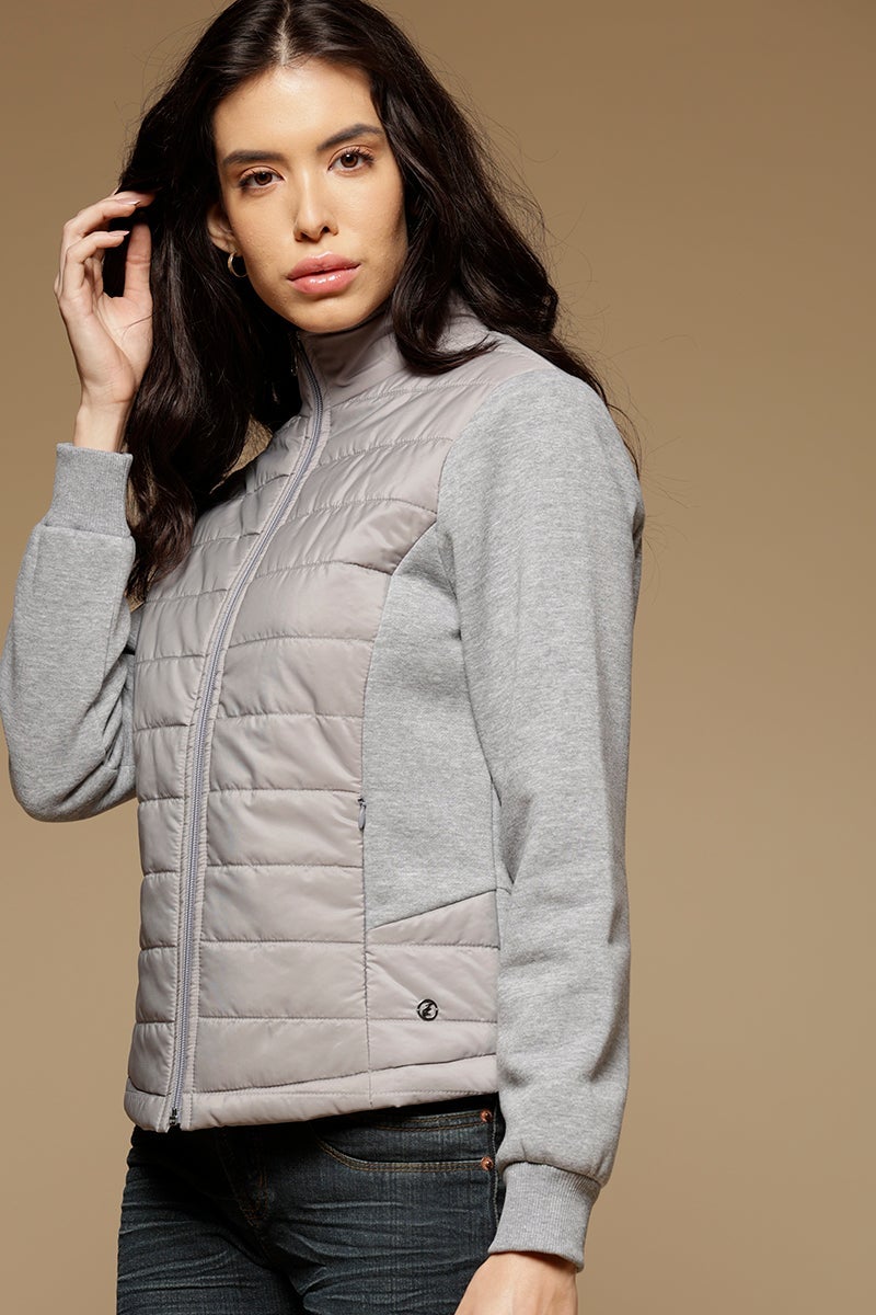 Grey Regular Length Full Sleeves Stand Collar Polyester Jacket