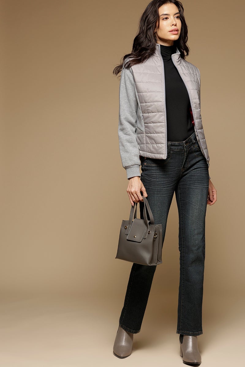 Grey Regular Length Full Sleeves Stand Collar Polyester Jacket