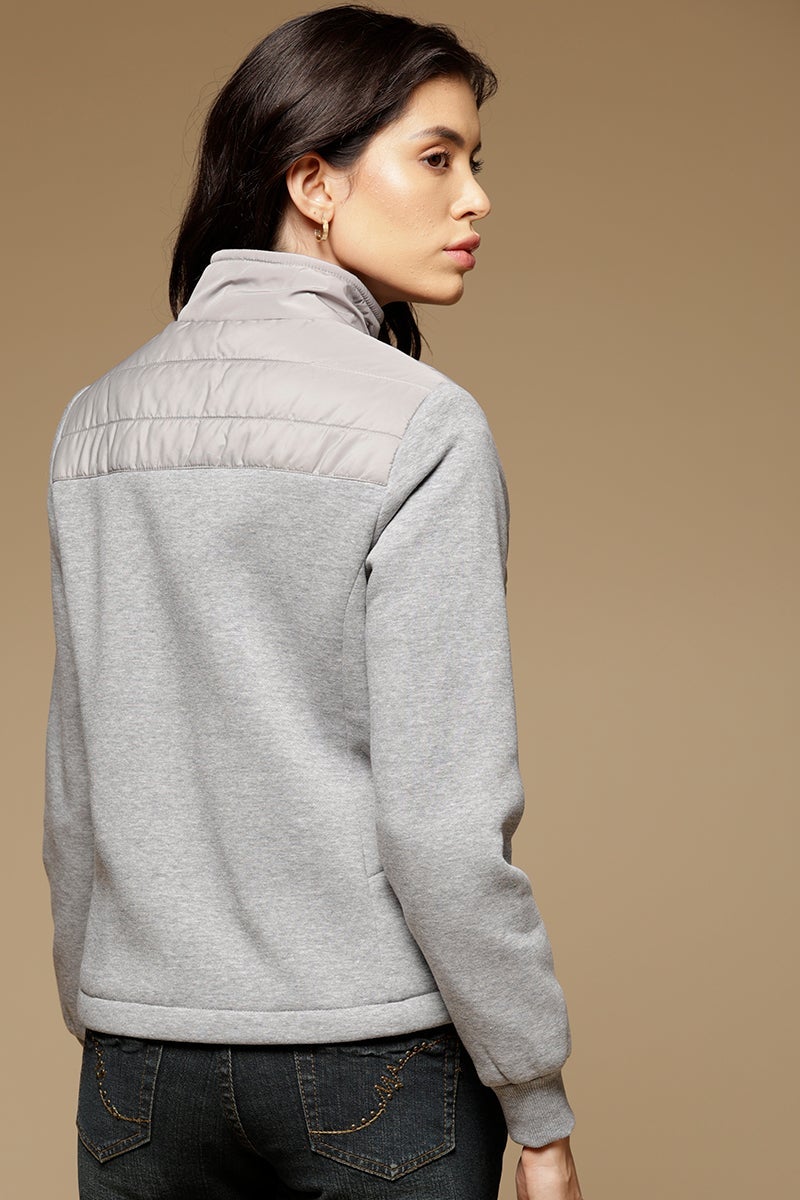 Grey Regular Length Full Sleeves Stand Collar Polyester Jacket