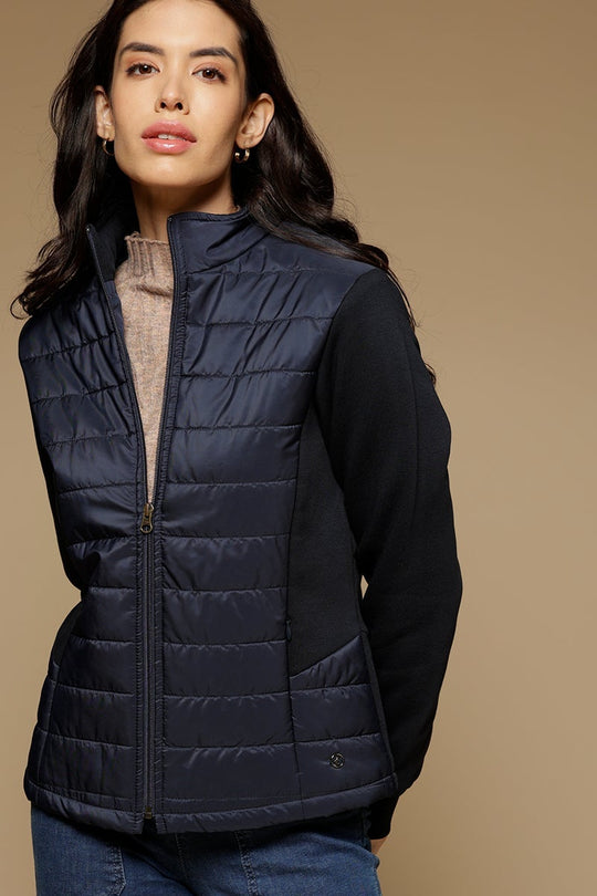 Navy Blue Regular Length Full Sleeves Stand Collar Polyester Jacket