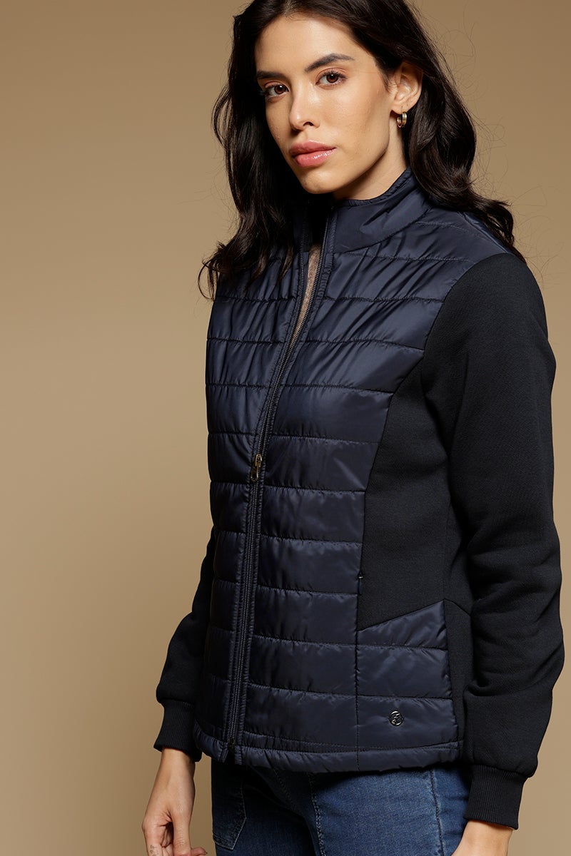 Navy Blue Regular Length Full Sleeves Stand Collar Polyester Jacket