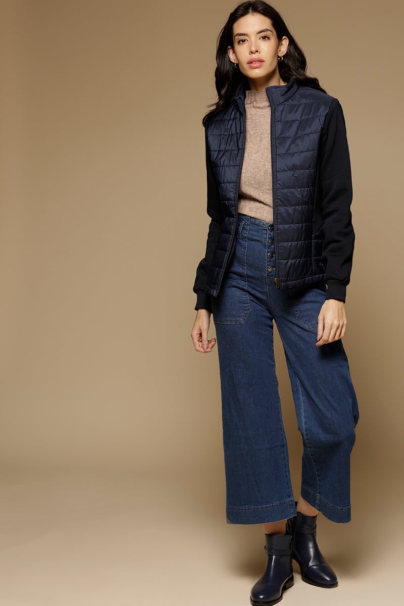 Navy Blue Regular Length Full Sleeves Stand Collar Polyester Jacket