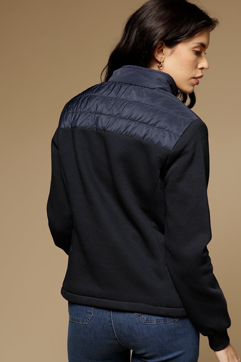 Navy Blue Regular Length Full Sleeves Stand Collar Polyester Jacket
