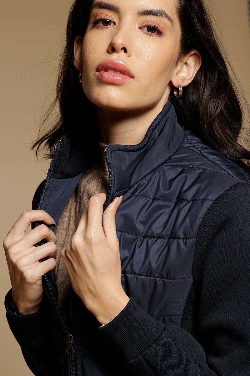 Navy Blue Regular Length Full Sleeves Stand Collar Polyester Jacket
