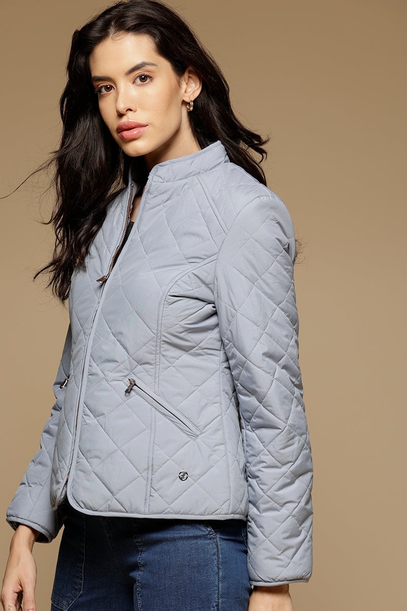 Blue Fog Regular Length Full Sleeves Stand Collar Polyester Jacket