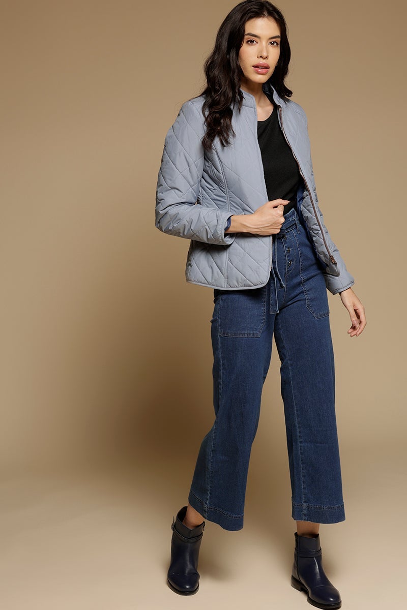 Blue Fog Regular Length Full Sleeves Stand Collar Polyester Jacket