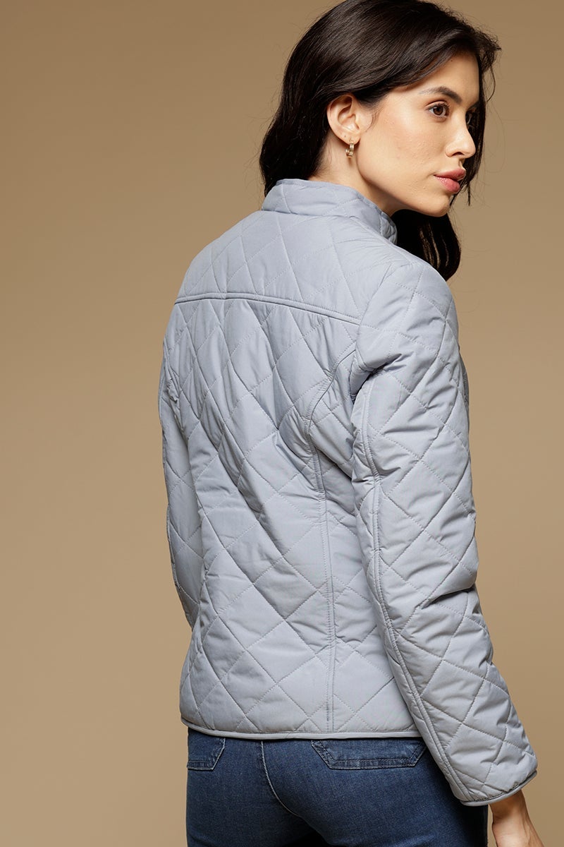 Blue Fog Regular Length Full Sleeves Stand Collar Polyester Jacket