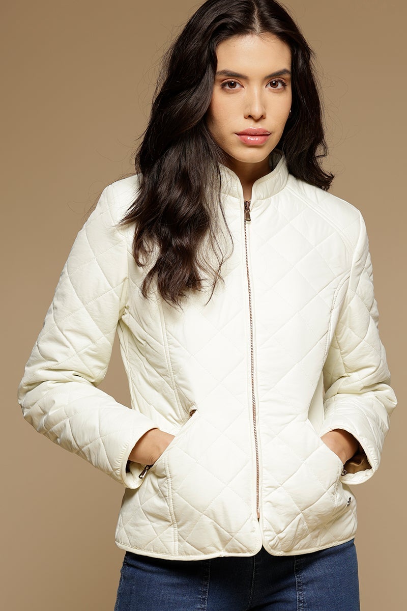 Cream Regular Length Full Sleeves Stand Collar Polyester Jacket
