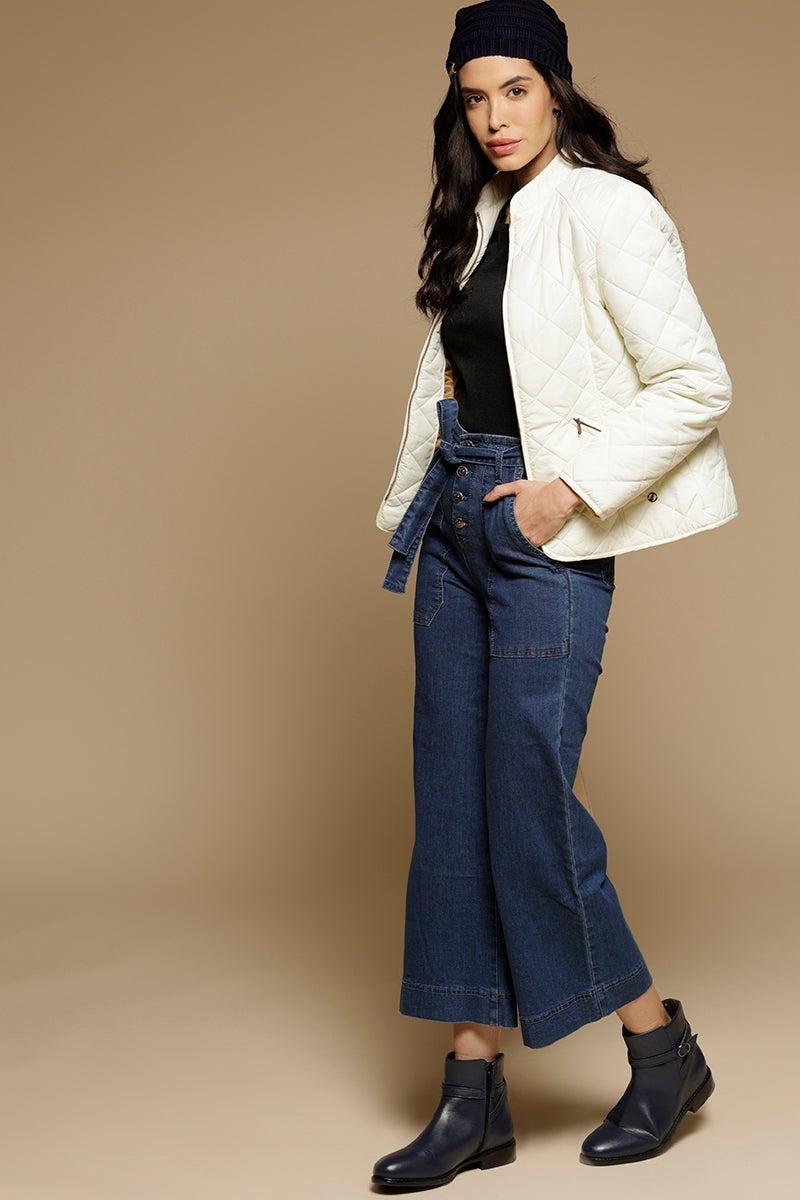 Cream Regular Length Full Sleeves Stand Collar Polyester Jacket