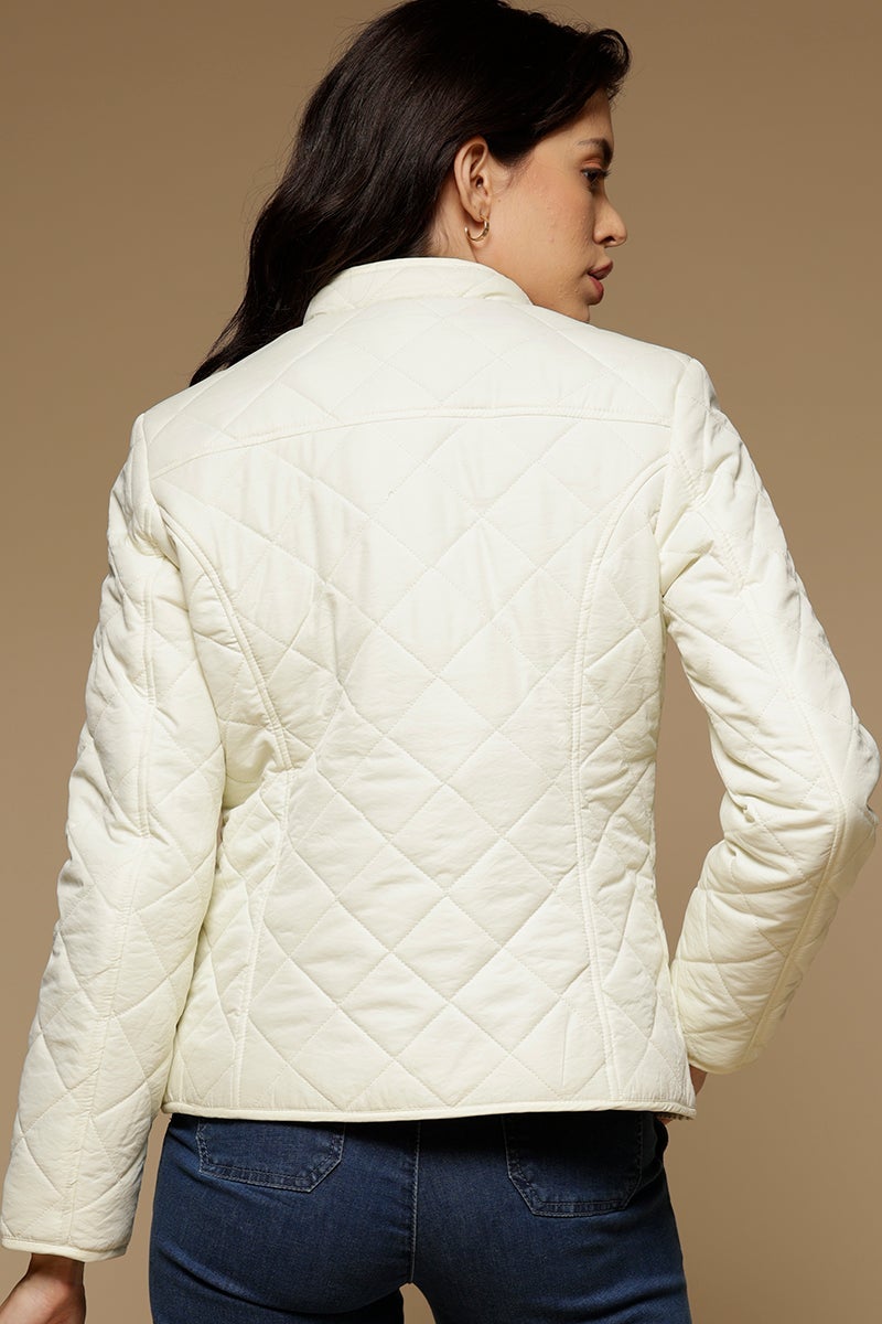 Cream Regular Length Full Sleeves Stand Collar Polyester Jacket