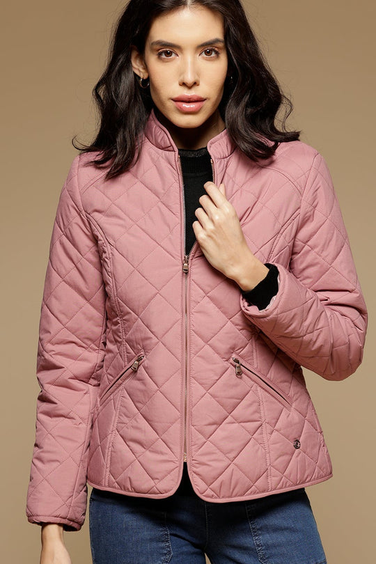 Dusky Pink Regular Length Full Sleeves Stand Collar Polyester Jacket