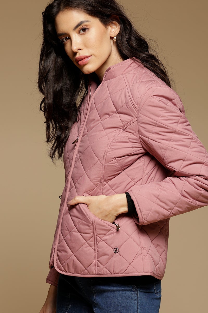 Dusky Pink Regular Length Full Sleeves Stand Collar Polyester Jacket