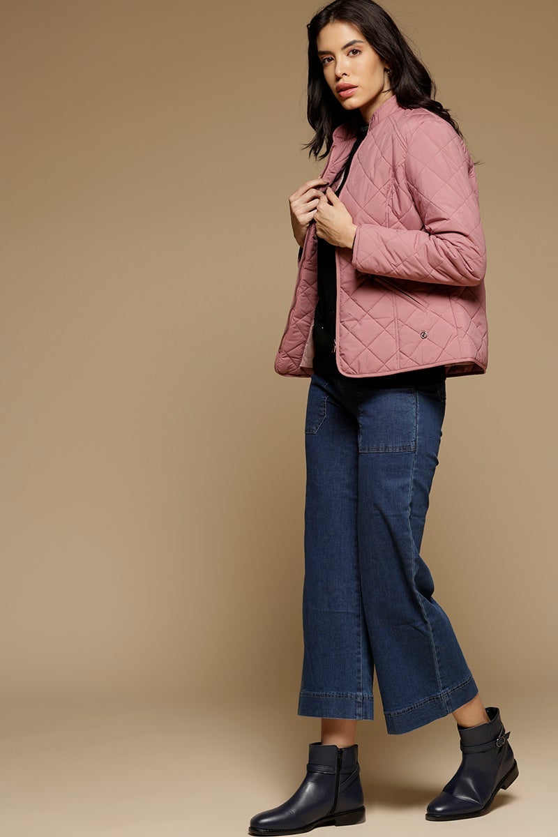 Dusky Pink Regular Length Full Sleeves Stand Collar Polyester Jacket