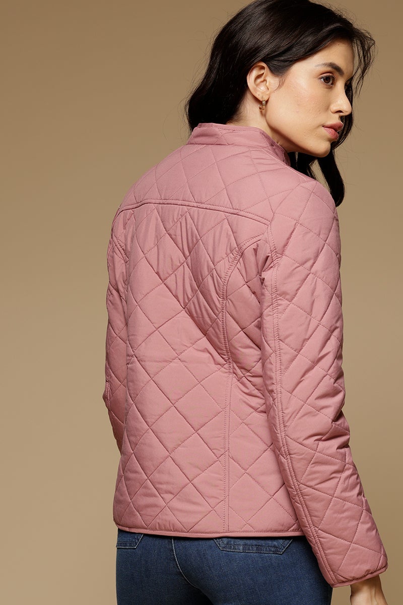 Dusky Pink Regular Length Full Sleeves Stand Collar Polyester Jacket
