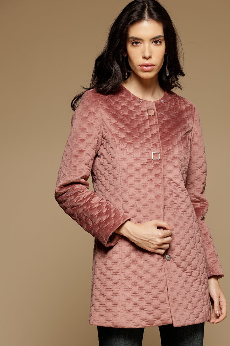 Dusky Pink Long Length Full Sleeves Round Neck Suede Jacket