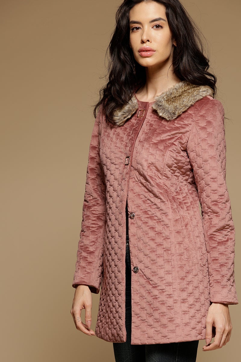 Dusky Pink Long Length Full Sleeves Round Neck Suede Jacket