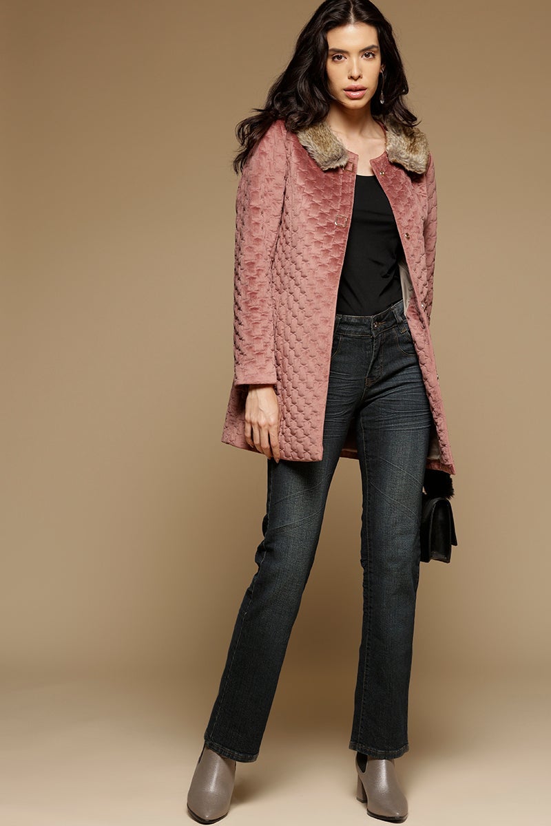Dusky Pink Long Length Full Sleeves Round Neck Suede Jacket