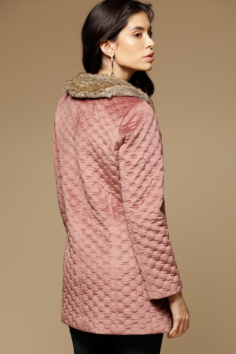 Dusky Pink Long Length Full Sleeves Round Neck Suede Jacket