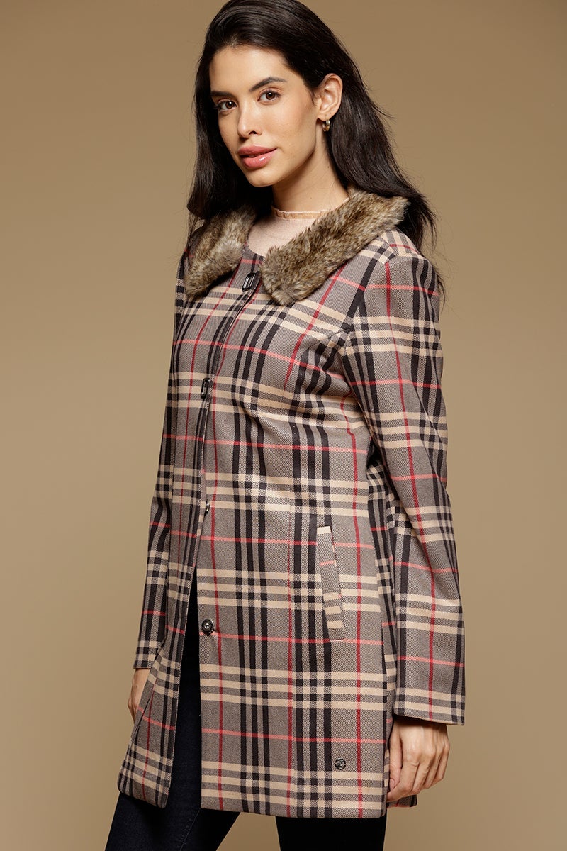 Khaki Long Length Full Sleeves Round Neck Suede Jacket