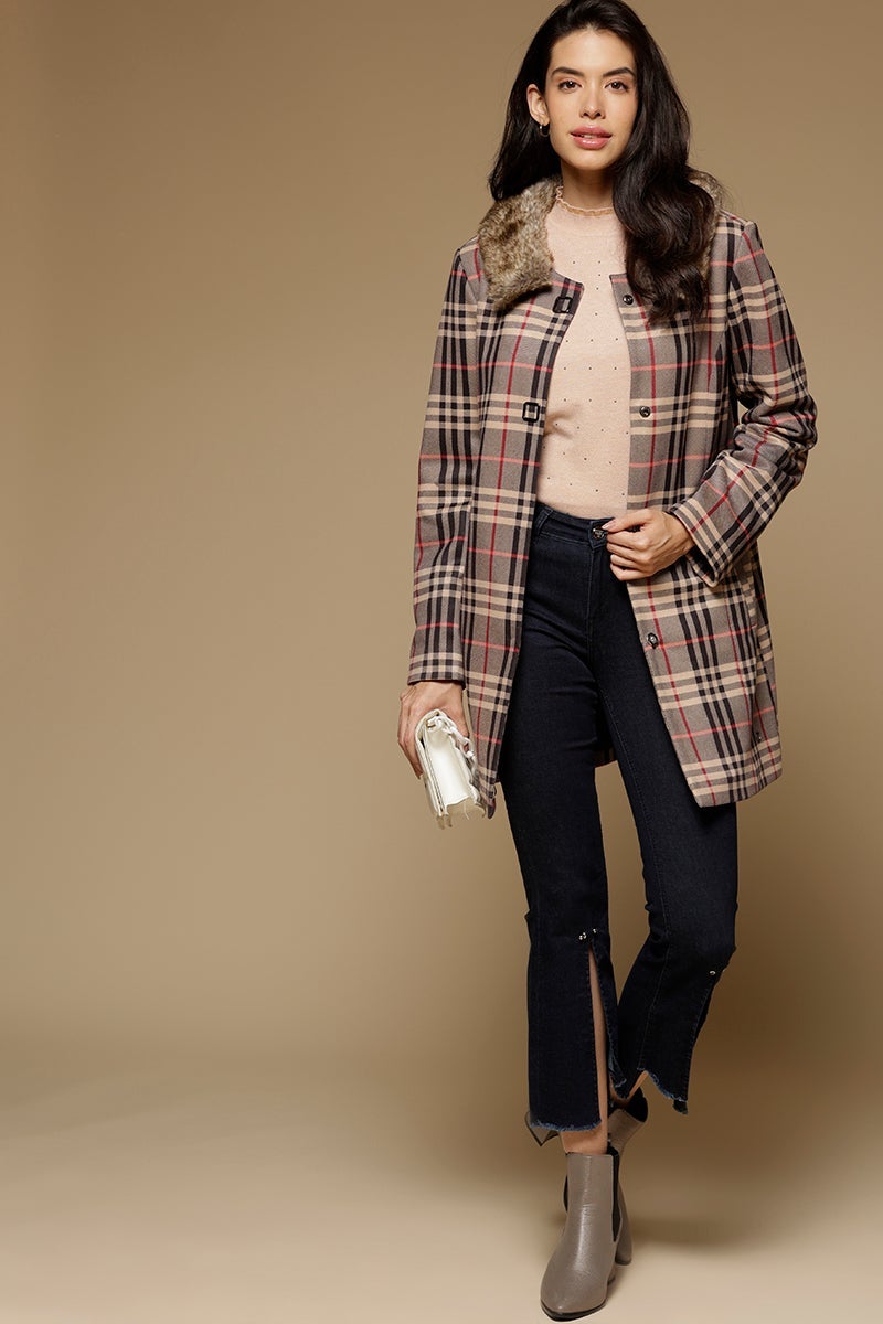 Khaki Long Length Full Sleeves Round Neck Suede Jacket
