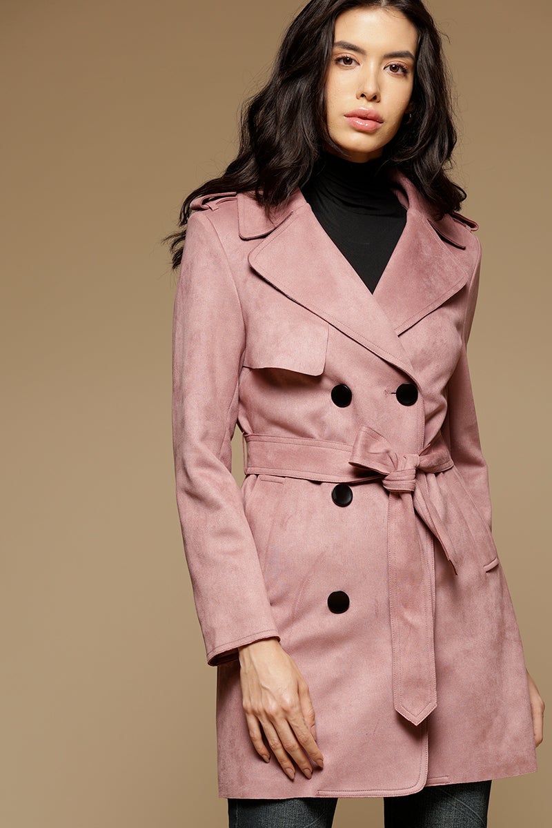 Dark Pink Long Length Full Sleeves Collar Neck Suede Jacket