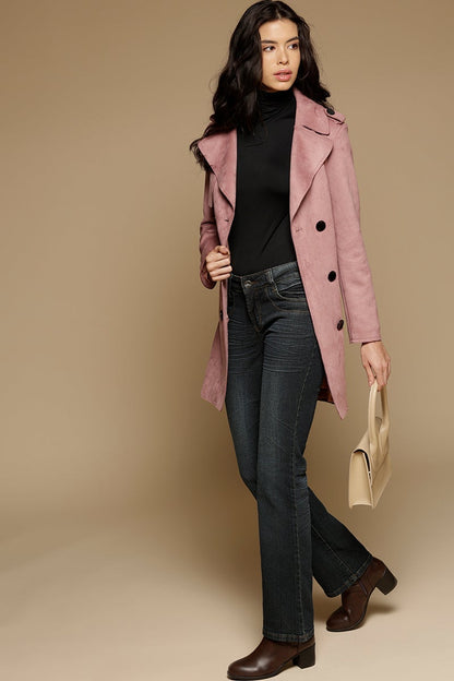 Dark Pink Long Length Full Sleeves Collar Neck Suede Jacket