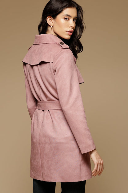 Dark Pink Long Length Full Sleeves Collar Neck Suede Jacket