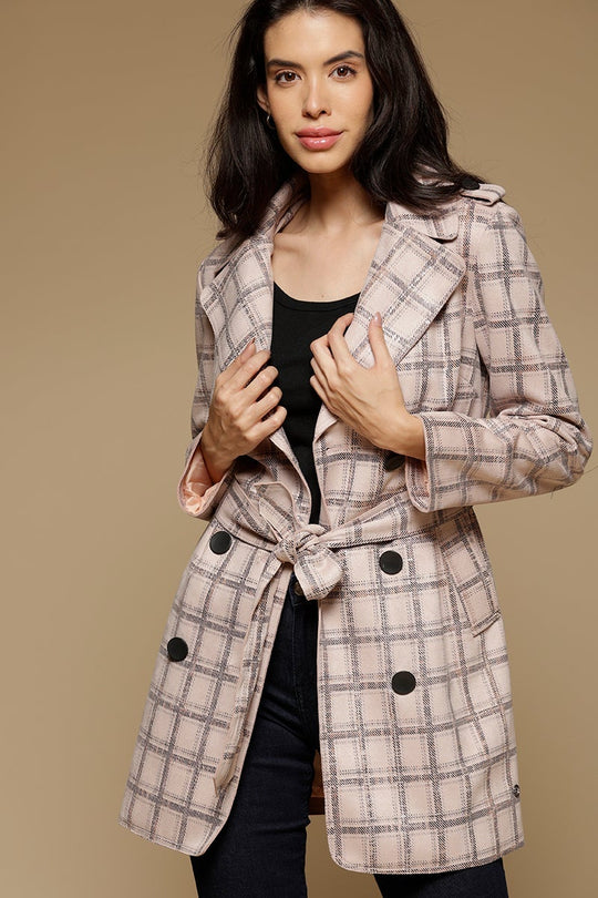 Beige Long Length Full Sleeves Collar Neck Suede Jacket