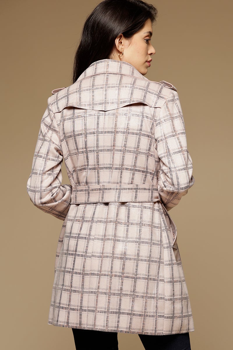 Beige Long Length Full Sleeves Collar Neck Suede Jacket