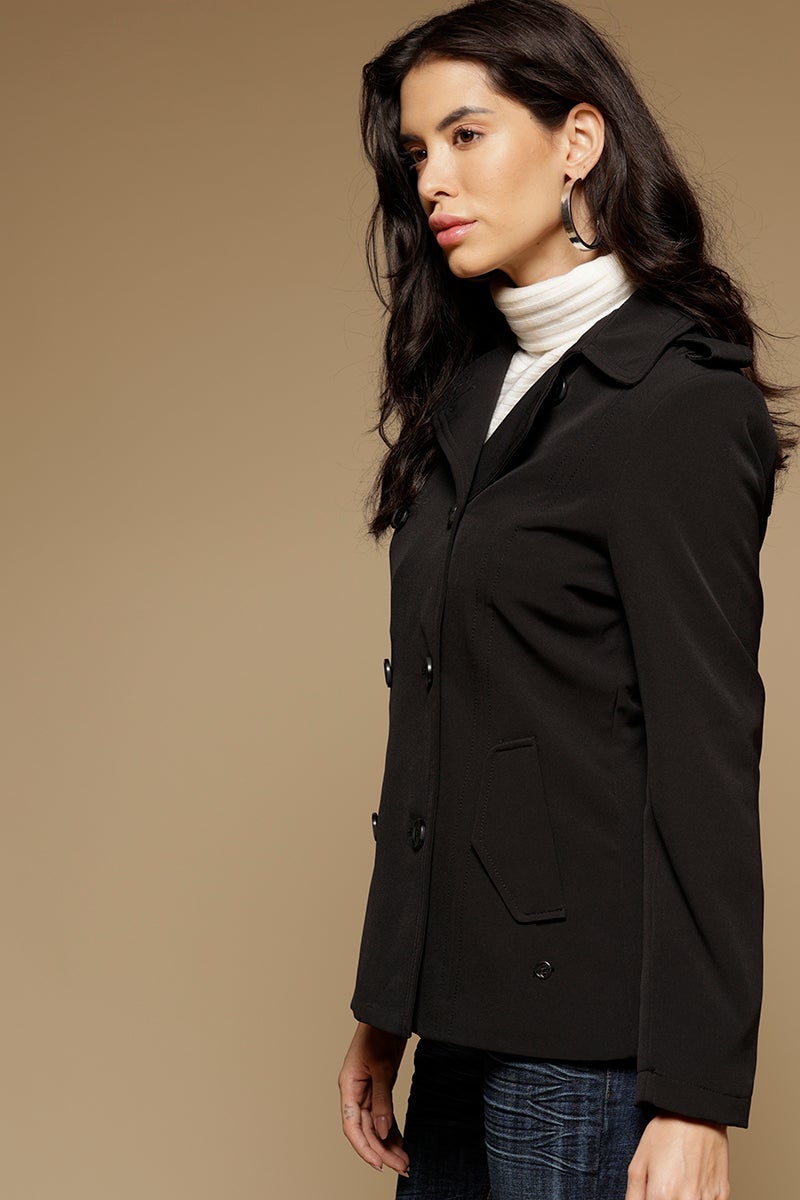Black Regular Length Full Sleeves Collar Neck Polyester Jacket