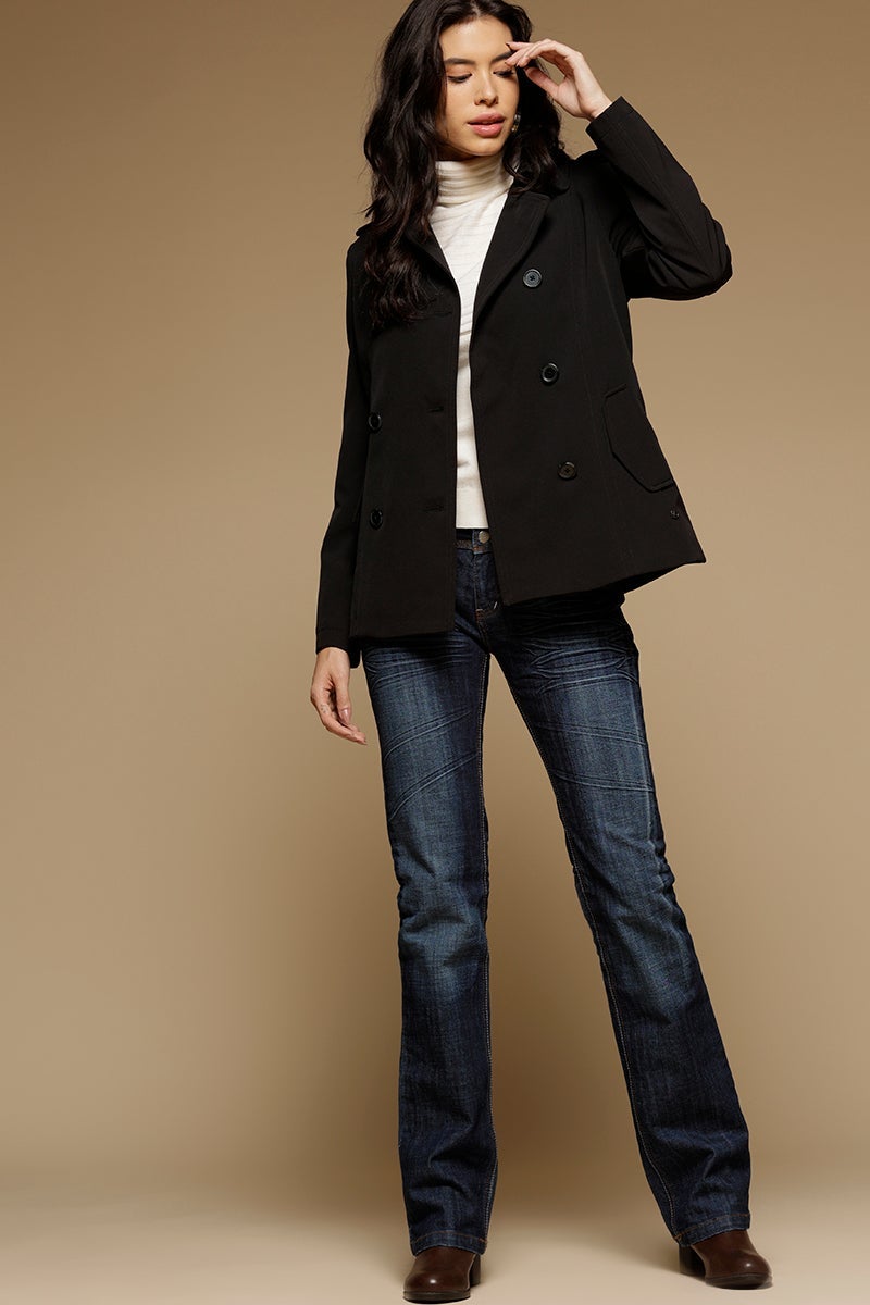 Black Regular Length Full Sleeves Collar Neck Polyester Jacket