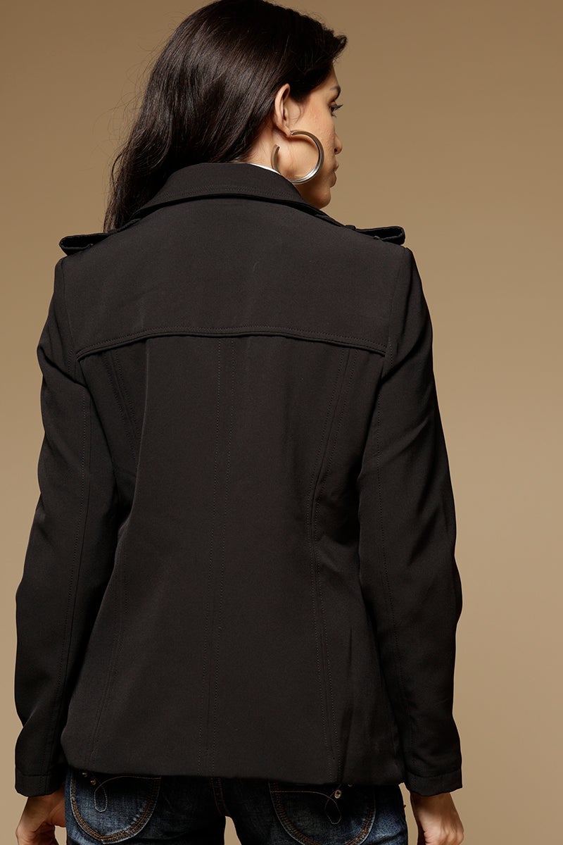 Black Regular Length Full Sleeves Collar Neck Polyester Jacket