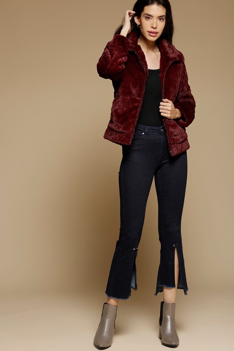 Wine Regular Length Full Sleeves Collar Neck Polyester Jacket