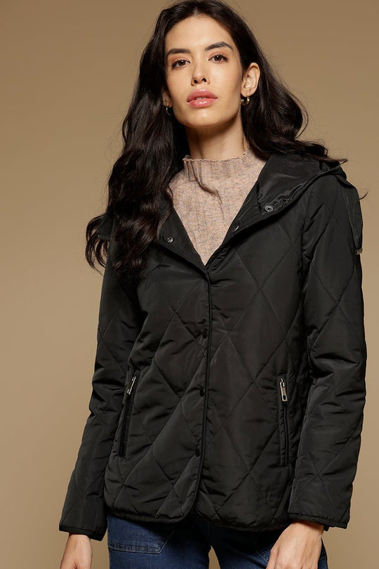 Black Regular Length Full Sleeves Hoodies Neck Polyester Jacket