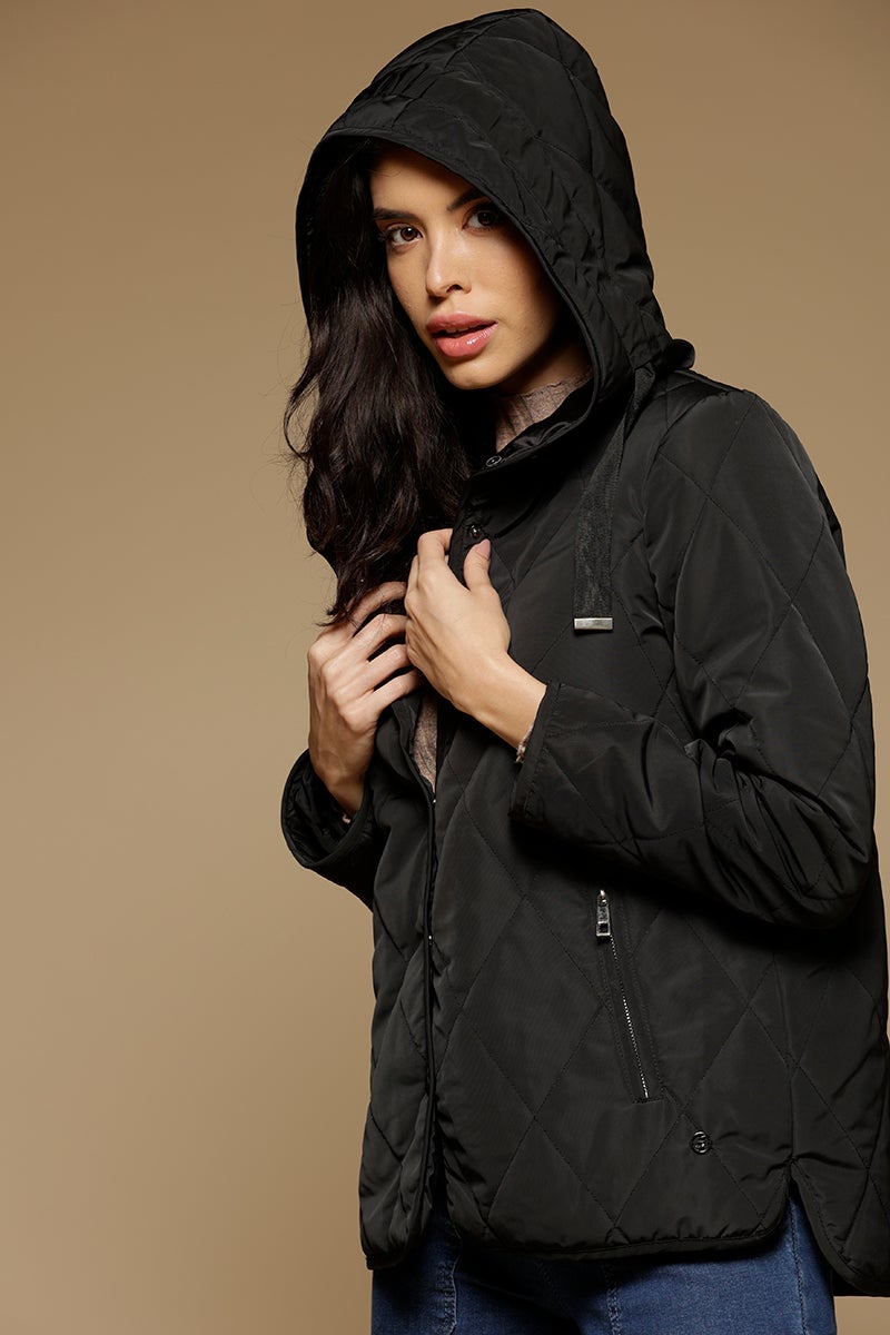 Black Regular Length Full Sleeves Hoodies Neck Polyester Jacket