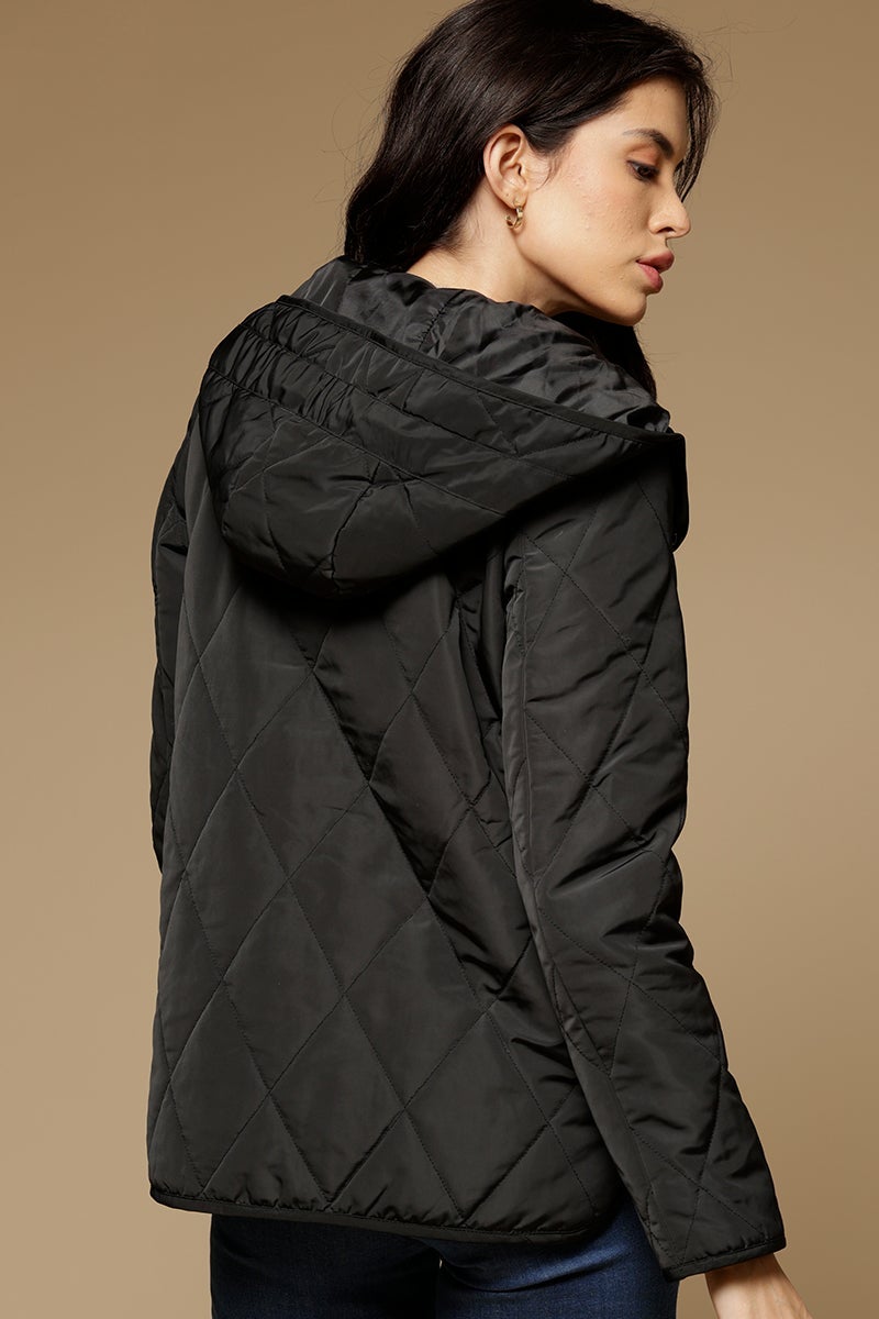 Black Regular Length Full Sleeves Hoodies Neck Polyester Jacket