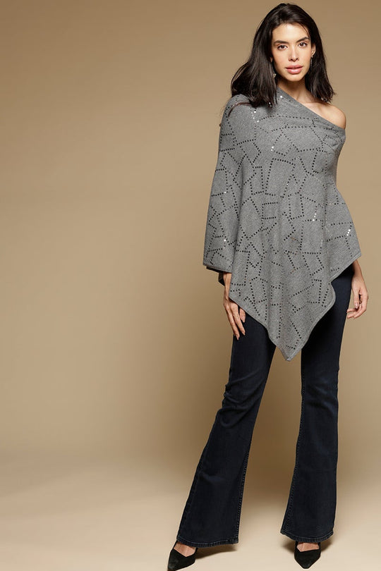 Grey Regular Length Round Neck Embellished Acrylic Poncho
