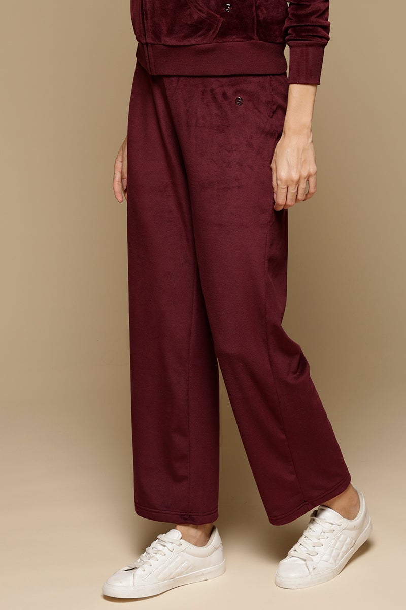 Wine Solid Polyester Mid-Rise Pant