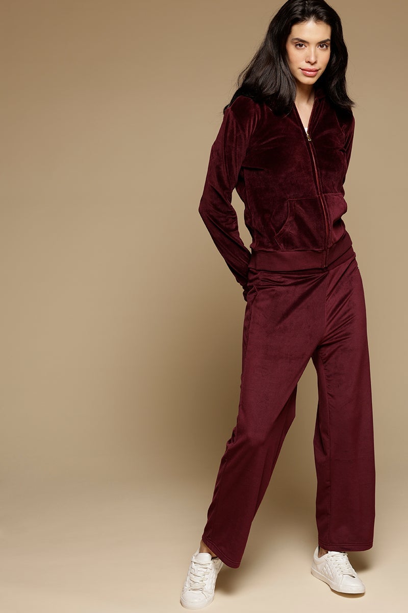 Wine Solid Polyester Mid-Rise Pant