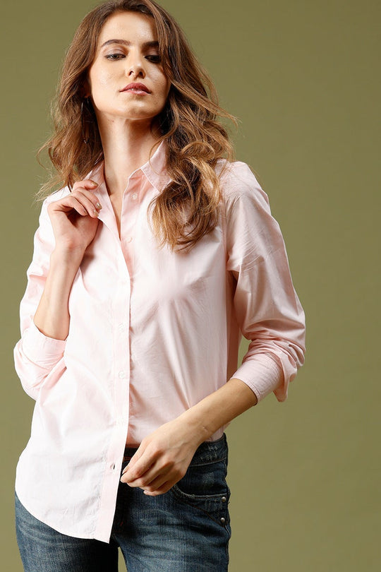 Pink Medium Length Shirt Collar Solid Cotton Shirt