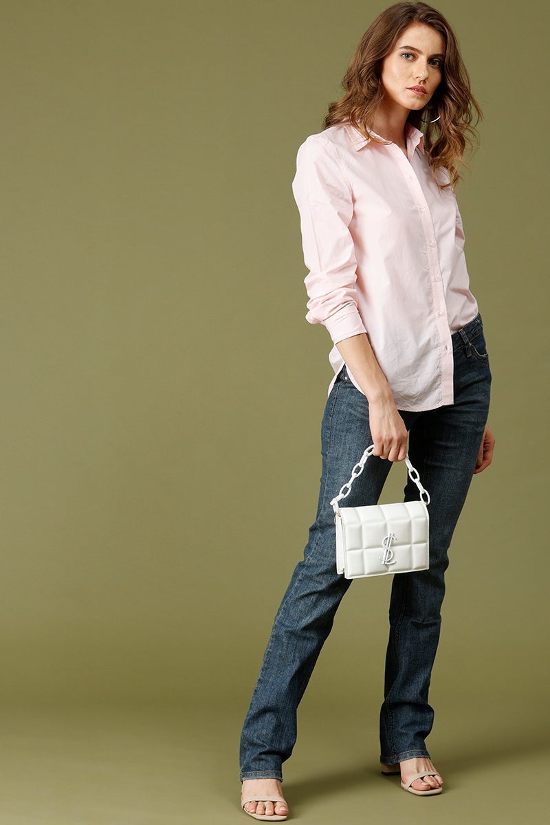 Pink Medium Length Shirt Collar Solid Cotton Shirt