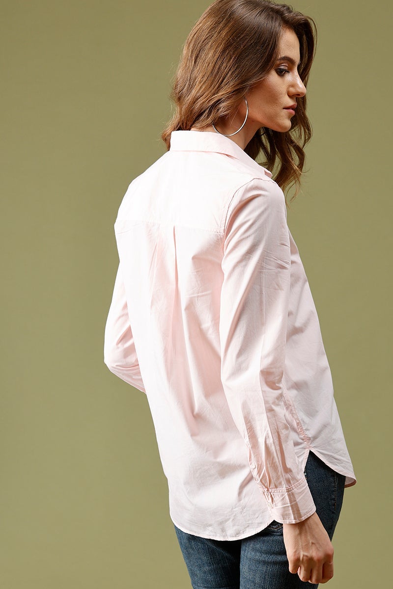 Pink Medium Length Shirt Collar Solid Cotton Shirt