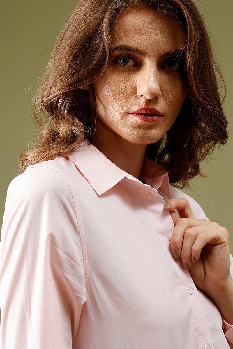 Pink Medium Length Shirt Collar Solid Cotton Shirt