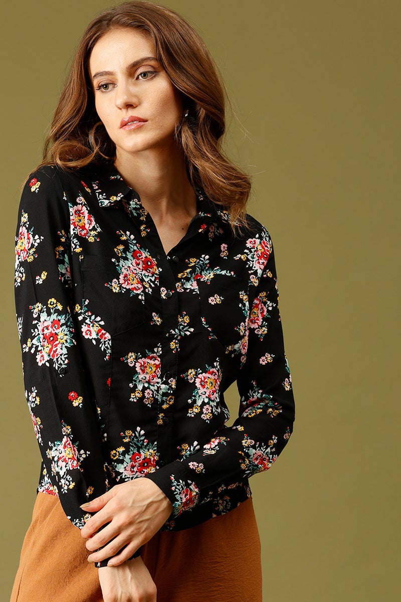 Black Medium Length Shirt Collar Floral Print Rayon Shirt