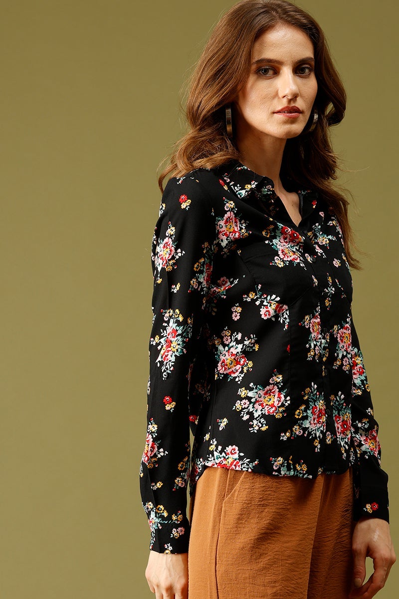 Black Medium Length Shirt Collar Floral Print Rayon Shirt