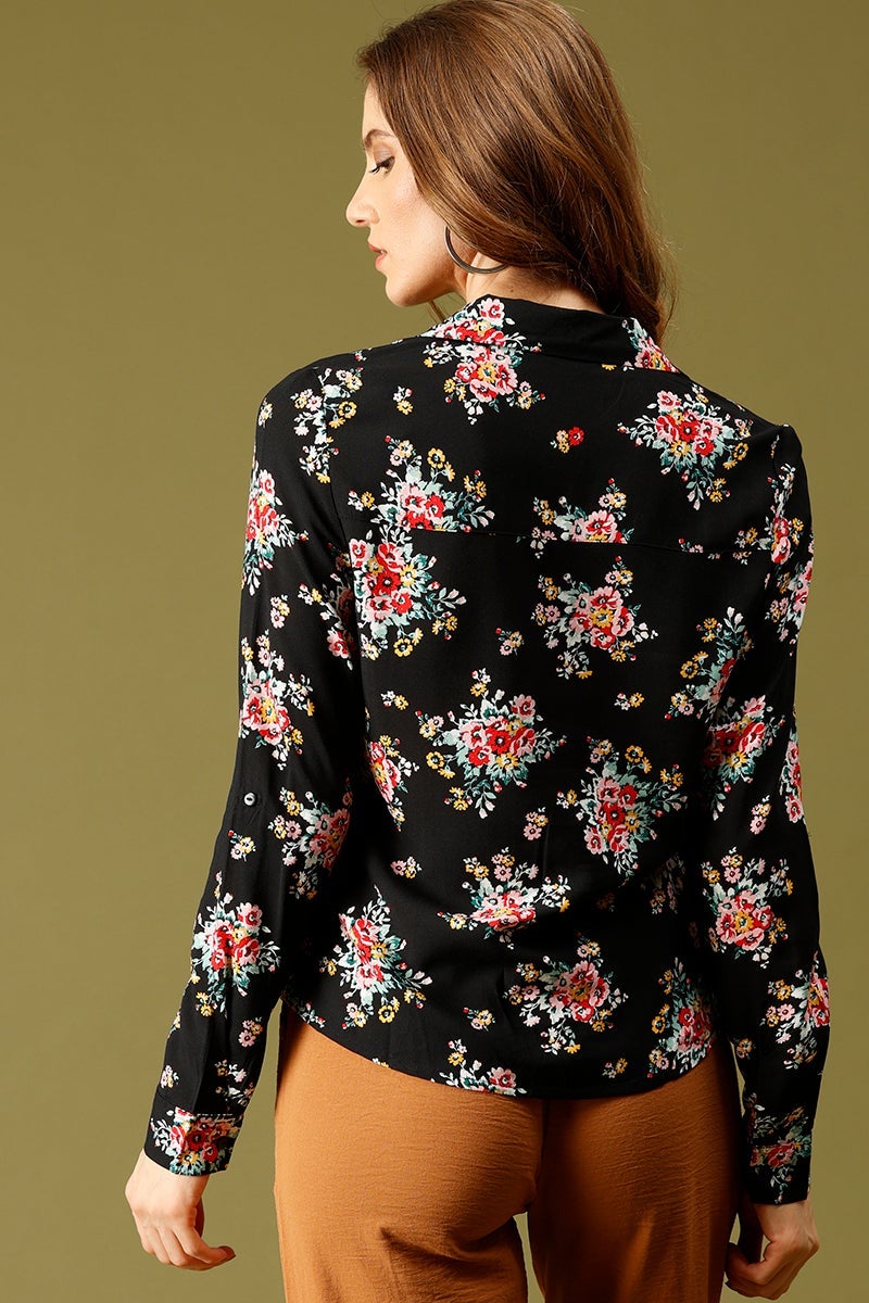 Black Medium Length Shirt Collar Floral Print Rayon Shirt